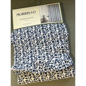 Morris & Co. Rosehip Shower Curtain Dark Blue White Cotton Gauze Ruffled Trim